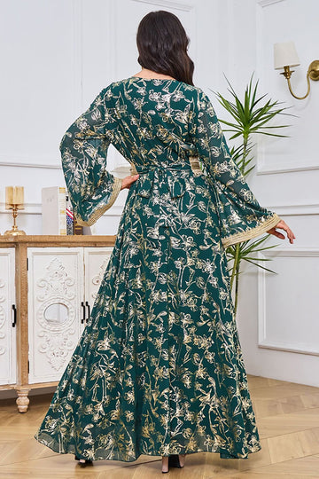 Caftan Marocain à Manches Longues Arabe Vert Foncé Maxi Perlé à la Main Dubaï